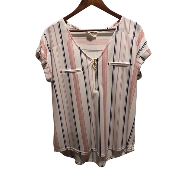 Flower & Feather XL White Pink Blue Striped V-Neck Women’s Top S/S Cuffed Zips - Picture 1 of 6